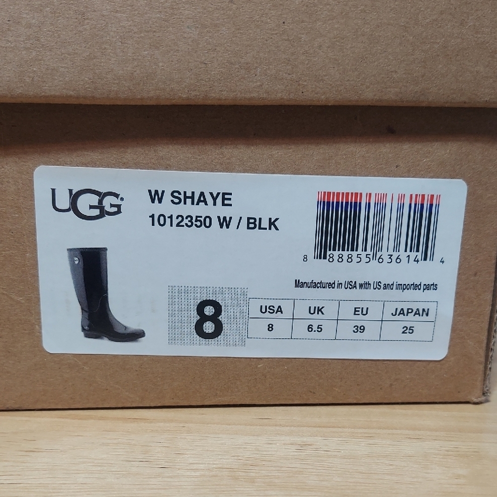 UGG Shaye Black Glossy Waterproof Tall Rain Boots Women's Size 8 Sheepskin EUC - Picture 12 of 12